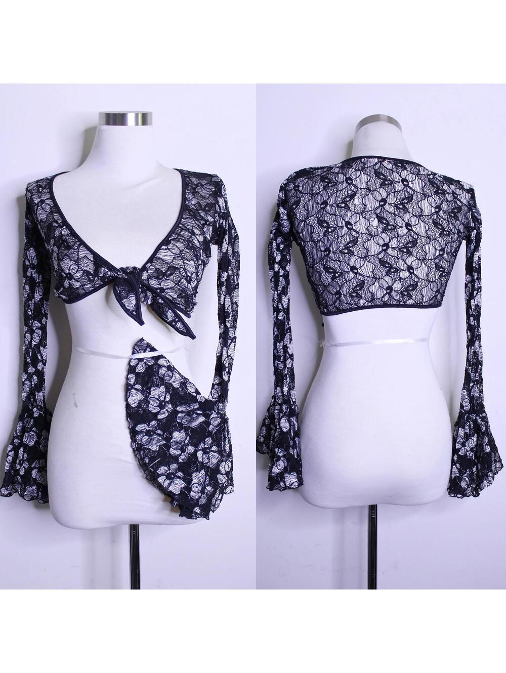 Black Silver Floral Lace Bell Sleeve Crop Top - Small